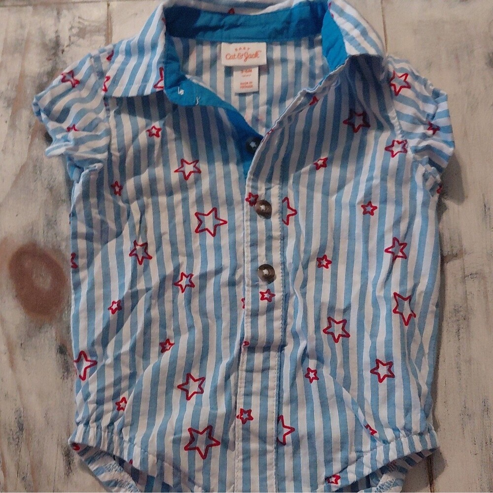 Cat & Jack Baby Romper One-Piece 3-6M Blue/White Stripe Red Stars Button